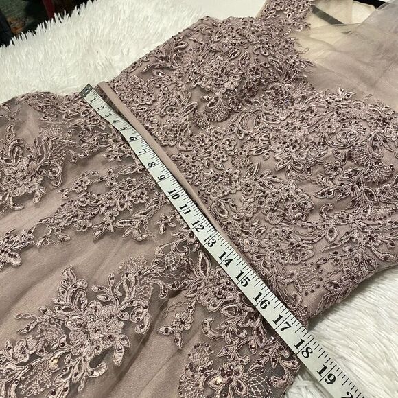 NEW MGNY by Mori Lee Beaded Lace Illusion Neck A-Line Maxi Dress Gown in Dusty L - Picture 5 of 12